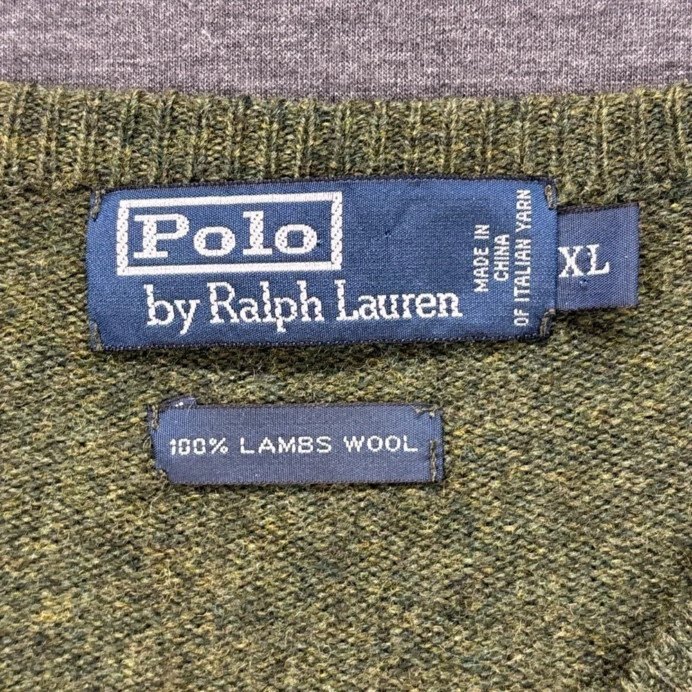 Vintage Polo Ralph Lauren Sweater Mens XL 100% Lambswool Olive Green‎ V-Neck Y2K